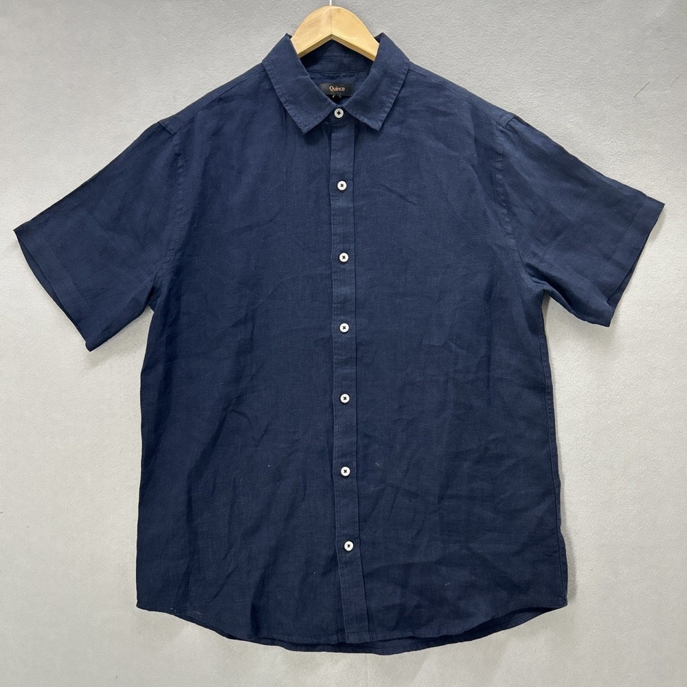 Quince Men's Large 100% Linen Shirt Navy Blue Short Sleeve Button Up